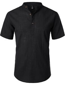 LucMatton Men's Casual Cotton Linen Short Sleeve Henley Shirt Summer Lightweight Banded Collar Beach Tops