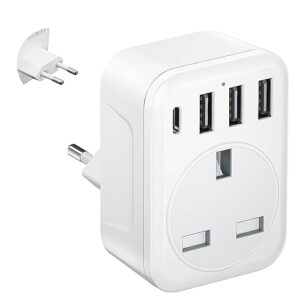 UK to European Plug Adapter - ARCELI Travel Plugs UK to EU with 3 USB & 1 Type C Plug Travel Accessories for Spain France Iceland Germany Greece Poland Portugal Netherlands Turkey and More (Type E/F)