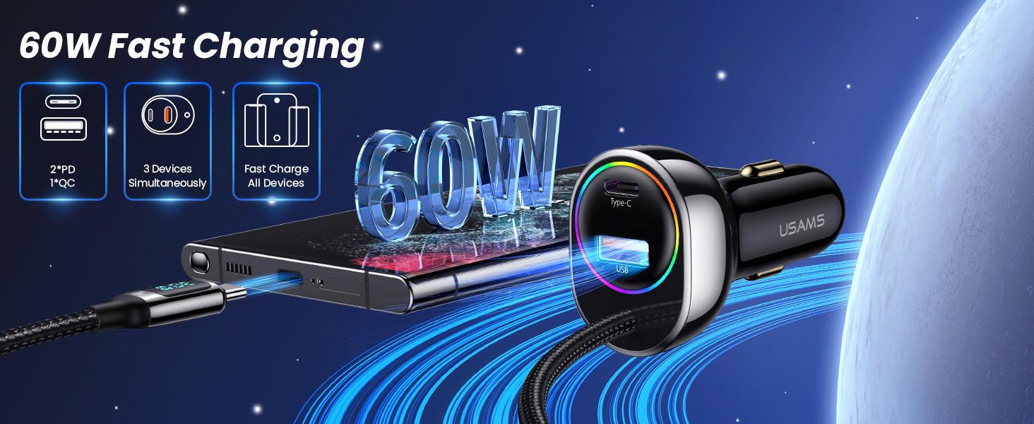 USB C Car Charger, 60W Super Fast Car Charger [PD 30W PPS & QC 3.0]