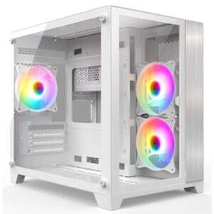 iONZ PC Gaming Case Micro ATX Mid Tower - Dual Chamber Dynamic Series White Airflow Tempered Glass (Compact Edition with 3 x 120mm ARGB Fans)