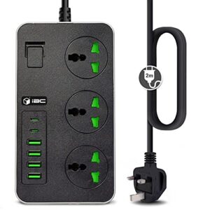 iBlockCube Universal Extension Lead with 6 USB Ports | 2 Meter Cable Power Strip Surge Protector