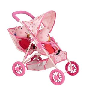 Peppa Pig Tandem Twin Stroller | Toy Dolls Double Buggy In Pink | Childrens Baby Doll Stroller Toy Umbrella Fold Stroller| Role Play Toy Dolls Buggy Pushchair | Ages 3+