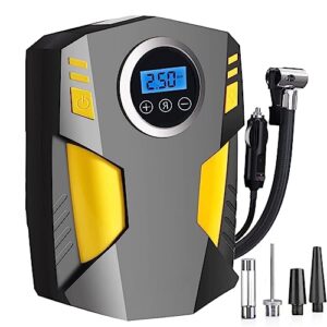 Portable Car Tyre Pump SZHTFX Digital Auto Tyre Inflator Air Compressor 12V with 3 Nozzle Adaptors Electric Air Pump for Car Tyres with LED Light for Car Tyres