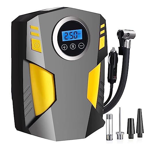 Portable Car Tyre Pump SZHTFX Digital Auto Tyre Inflator Air Compressor 12V with 3 Nozzle Adaptors Electric Air Pump for Car Tyres with LED Light for Car Tyres