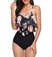 FLYILY Women's One Piece High Waist Swimdress Tummy Control Swimsuit with Shorts Retro Beachwear ...