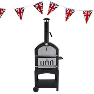 Outdoor Pizza Oven Portable Charcoal BBQ Smoker Pizza Maker Cooker Chimney Vent Temperature Gauge Storage Shelf & Union Jack Bunting 25 Triangle Flags 10m Double Sided FREE Pizza Peel