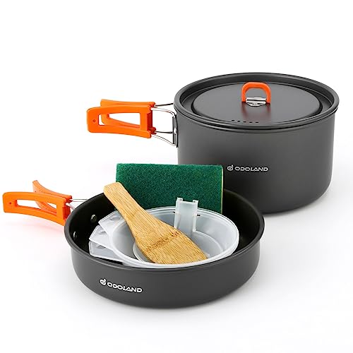 Odoland Camping Cookware Mess Kit Non-Stick Lightweight Camping Pots and Pans Set with Bowls Soup Spoon for Camping