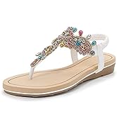 iCKER Women's Flat Sandals Ladies Thong Flat Sandals Bohemian Beaded Strap Sandals Diamante Rhine...