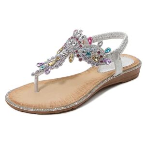 iCKER Women's Flat Sandals Ladies Thong Flat Sandals Bohemian Beaded Strap Sandals Diamante Rhinestone Leather Sandals