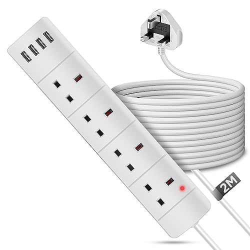 13A White Extension Leads With 2M Extension Cable & 4 Gang Socket