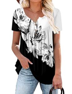 CHICZONE Womens Tunic Tops V Neck Pleated Buttons Up Shirts Floral Blouse Ladies Henley