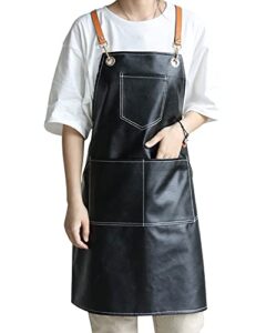 Small snail Retro PU Leather Apron Women Men Pinafore with 5 Pockets Waterproof Cross Back Artist Apron for Pottery Garden Craft Painting Woodworking Hairdressing Cafe