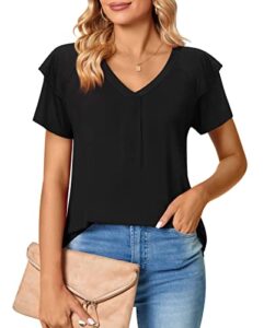 Bestbee Women's Short Sleeve Tops V Neck Petal Sleeve Shirts Cute Summer Casual T-Shirts Loose Fit Blouses