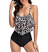 FLYILY Two Pieces Swimsuit for Women Double Level Ruffled Flounce Top with High Waisted Bottom Bi...