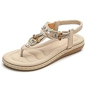 iCKER Women's Flat Sandals Ladies Thong Flat Sandals Bohemian Beaded Strap Sandals Diamante Rhine...