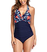 FLYILY Women Ruffle One Piece Swimwear Deep V Neck Swimsuits Ruched Tummy Control Padded Bathing ...