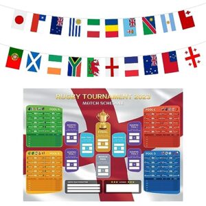 Rugby Tournament Wall Chart and Bunting for World Cup 2023 - AhfuLife 14x21cm Double Sides Fabric Bunting and A2 Sizes Wallchart Poster for Rugby Party Decorations (A2 Wallchart + 7m Bunting)
