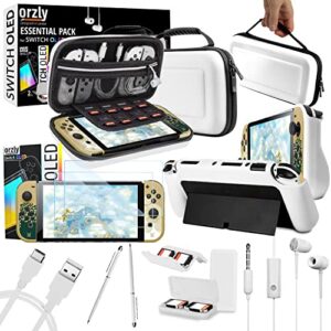 Orzly Accessory Bundle kit for Nintendo Switch Oled Accessories Essentials Pack Case and Screen Protector Comfort Grip Cover Headphones charger cable Games holder and more - Gift boxed OLED Editio