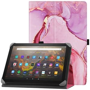 HoYiXi Universal Case for 9-10.1 inch Tablet Fire HD 10 2021/2023 & Fire HD 10 Plus 2021/2023 with Stand Folio and Hand Strap Protective Cover for 9"-10.1" Samsung Lenovo Huawei Tablet - Pink Marble