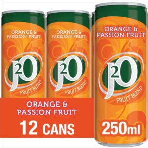 J2O Fruit Blend Juice Drink Perfect Mixer Low Calorie Orange and Passionfruit 12 x 250ml Cans