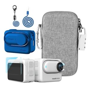 LEWOTE Accessories Kit Compatible with Insta360 GO 3 [Silicone Camera Case Cover and Lens Cap][2Pcs 3D Screen Protector Film][Outdoor Carrying Bag with Auto Locking Carabiner and Lock](Blue)