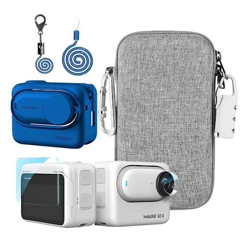 LEWOTE Accessories Kit Compatible with Insta360 GO 3 [Silicone Camera Case Cover and Lens Cap][2Pcs 3D Screen Protector Film][Outdoor Carrying Bag with Auto Locking Carabiner and Lock](Blue)
