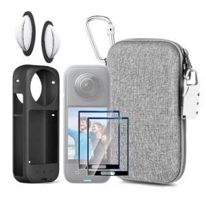 LEWOTE 7in1 Compatible with Insta360 X3 Accessories Kit[Silicone Camera Case][Lens Guards Cover][Screen Protector Film][Outdoor Carrying Case Bag with Auto Locking Carabiner and Anti-Loss Lock]