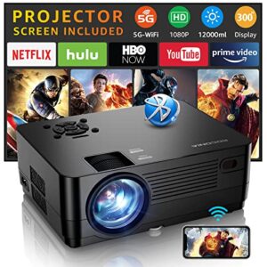 5G WiFi Bluetooth Native 1080P Projector[Projector Screen Included]
