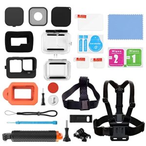 Accessories Kit for GoPro Hero 11/10/9 Waterproof Housing Silicone Case Glass Screen Protector Lens Cap Head Strap Chest Bundle Buoyancy Grip Floaty Case Windslaye