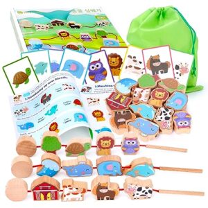 Montessori Educational Wooden Toddler Toys: Early Learning Toys for 12-24 Month Baby Boy Girl Wooden Threading Animals Toy for Kids Age 1 2 3 Fine Motor Skills Toys Gifts for Boys Girls Presents