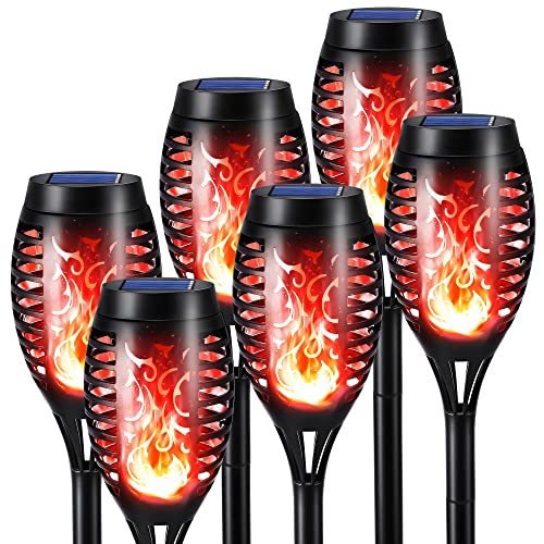 Geemoo 6 Pack Solar Flickering Dancing Red Flame Lights Waterproof Solar Torch Lights for Outdoor Garden Patio Pathway Yard Tomb Halloween Decorations            [Energy Class A+++]