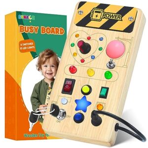 SUNACE Montessori Busy Board - Wooden Busy Board for Toddlers with 8 Switches 15 LED Lights Sensory Toys Baby Travel Toys Educational Toys Montessori Toys for Boys Girls 1 2 3 4 Year Old Gif