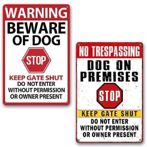 2 Pack Warning Tin Signs Beware of Dog Signs For Fence-Keep Gate Shut No Trespassing Dog On Premises Sign-Weatherproof Warning Dog Sing for Fence Door or Gate 12x8inch