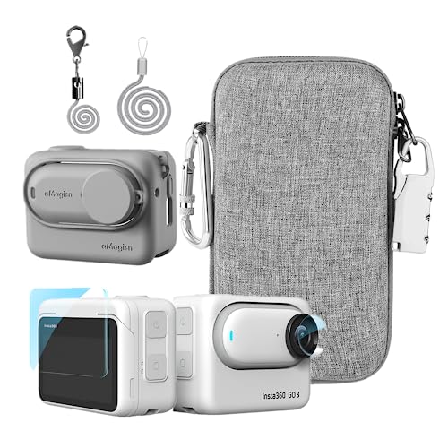 LEWOTE Accessories Kit Compatible with Insta360 GO 3 [Silicone Camera Case Cover and Lens Cap][2Pcs 3D Screen Protector Film][Outdoor Carrying Bag with Auto Locking Carabiner and Lock](Gray)