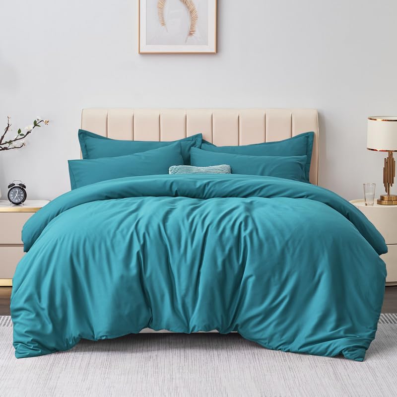 Aisbo Double Duvet Covers Set Teal - 3Pcs Bedding Set Double Bed Soft Brushed Microfiber Quilt Cover with 2 Pillowcases