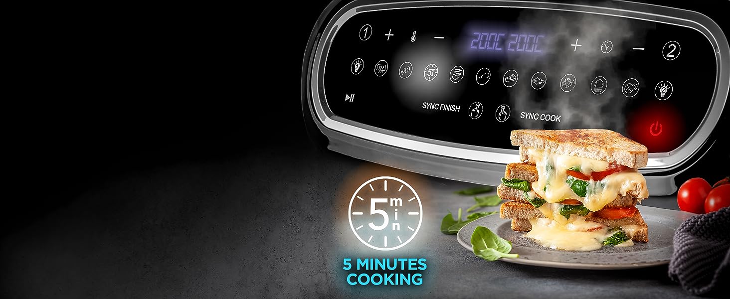 five minute quick cook function shown with toasted cheese sandwich