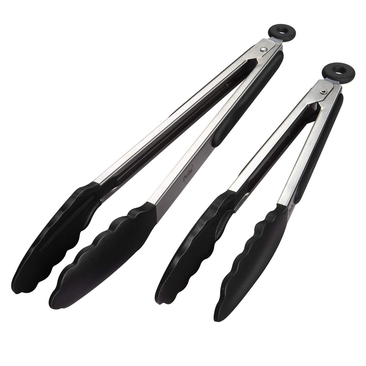 iNeibo Kitchen Tongs - 9'' & 12'' Non-Slip Smart Locking Stainless Steel Cooking Tongs with Silicone Tips for Grilling BBQ Serving Salad Ice (Black)
