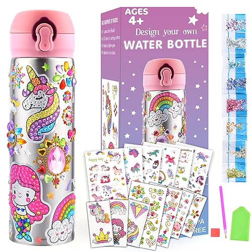HULASO Girls Birthday Presents DIY Water Bottle Decorate Your Own Water Bottle Leakproof BPA Free Craft Kits for Kids with Unicorn Stickers Girls Gifts for 5 6 7 8 9 10 Year Old