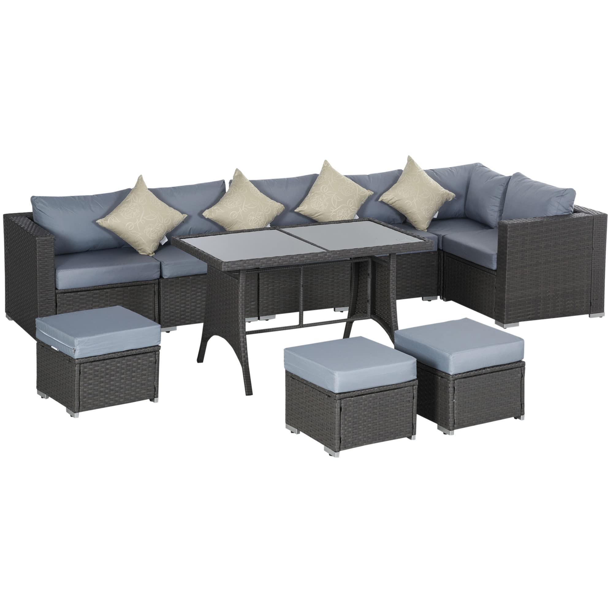 Outsunny 10PC Garden Rattan Corner Dining Sofa Set 9-seater Patio Tables Stools Outdoor Wicker Lounge Conservatory Furniture w/Cushions & Pillow