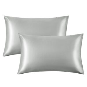 Bedsure Satin Pillow Cases 2 Pack - Grey Pillowcase for Hair and Skin Standard Size with Envelope Closure