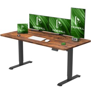 Homall 140x70cm Height Adjustable Electric with USB Charging Standing Desk with Wheels Sit Stand Desk with Wood Desktop Stand Up Desk with Headphone Holder Rustic Brow