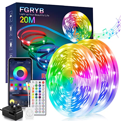 FGRYB LED Strip Light 20M (2 Rolls of 10M) Ultra Long Music Sync RGB Colour Changing Led Lights for Bedroom with Bluetooth App & Remote Flexible Lighting for Home Room Kitchen Ceiling Decoratio