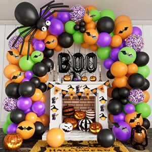 DBKL Halloween Balloons Garland Arch Kit DIY Halloween Party Supplies with BOO Foil Balloon Spider Balloon Black Orange Purple Fruit Green Confetti Balloon for Halloween Day Party Decorations