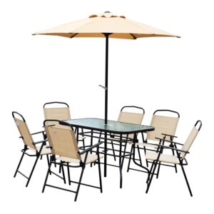Outsunny 8 Pieces Dining Set Pation Furniture Garden Foldable Parasol with 6 Chairs 1 Table Beige