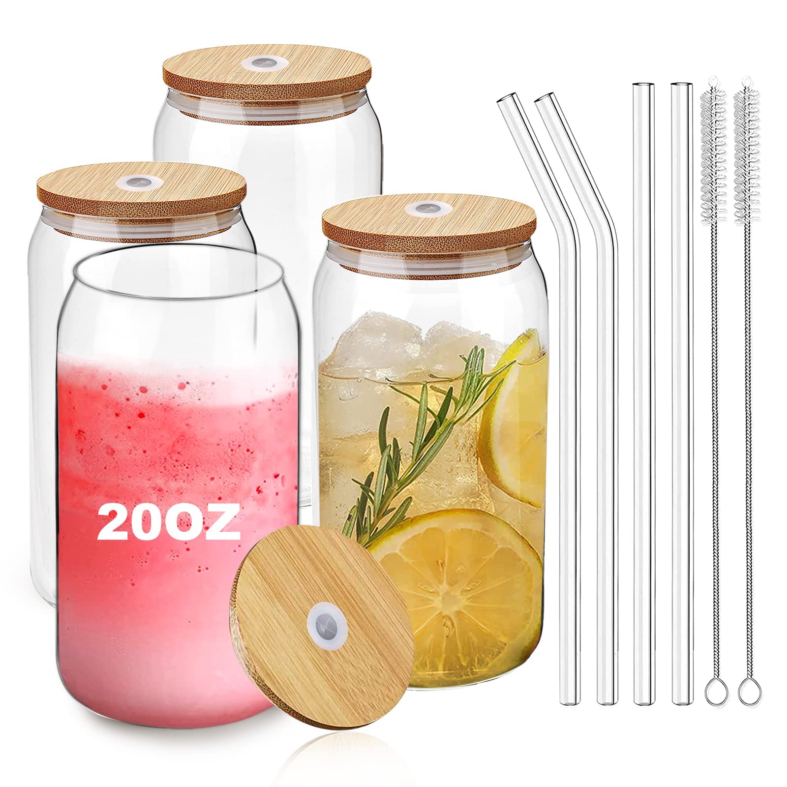 [4 Pack/590ml] Design•Master Premium Glass Cup with Bamboo Lids and Glass Straws