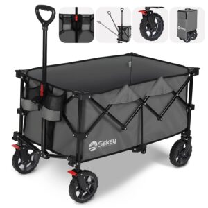 Sekey Folding Wagon with 220LBS Larger Capacity，Heavy Duty Festival Trolley on Big All-terrain Wheels with Brake