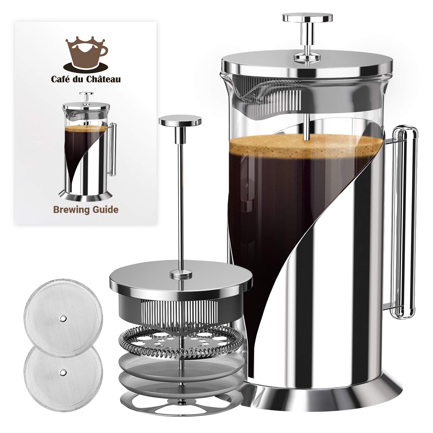 Cafe Du Chateau French Press Coffee Maker - Heat Resistant Glass with 4 Level Filtration System