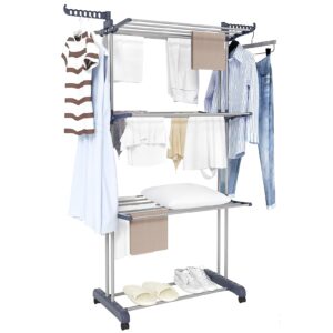 Trintion 3 Tier Clothes Drying Rack Rolling Hanger Adjustable Large Stainless Steel Garment Drying with Foldable Wing and Casters for Outdoor Indoor(Grey)