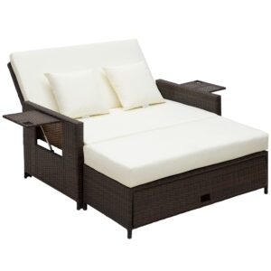 Outsunny 2 Seater Assembled Garden Patio Outdoor Rattan Furniture Sofa Sun Lounger Daybed with Fire Retardant Sponge - Brow