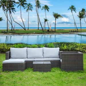 bigzzia Garden Furniture Set 5PC Rattan Modular Corner Sofa Set Garden Corner Sofa Coffee Table With Cushions